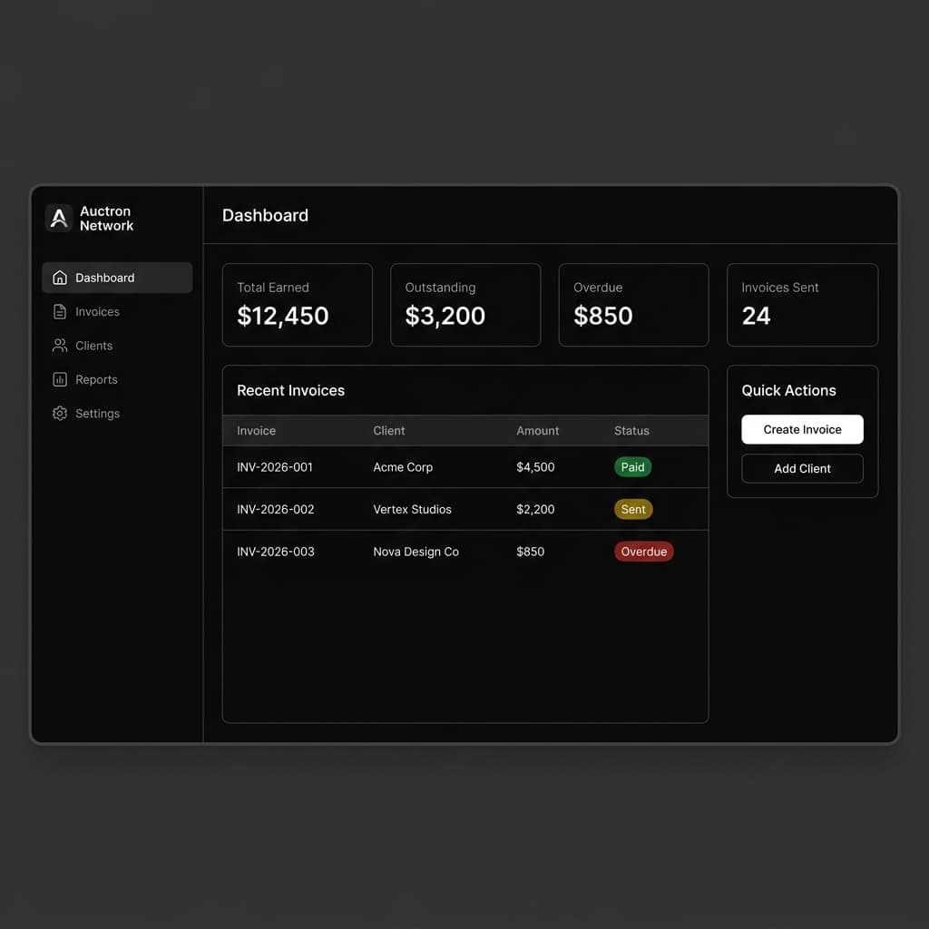 Auctron Dashboard — invoices, clients, and financial overview